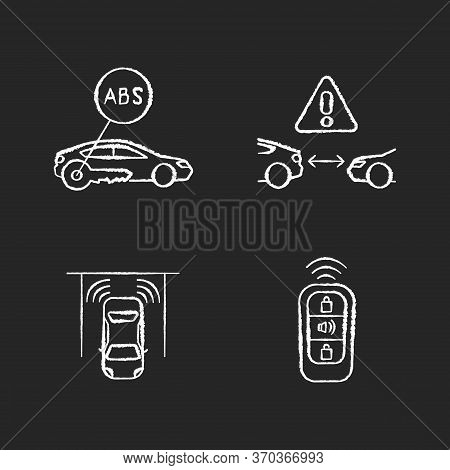 Smart Driving Safety Systems Chalk White Icons Set On Black Background. Driver Assistance. Anti Lock