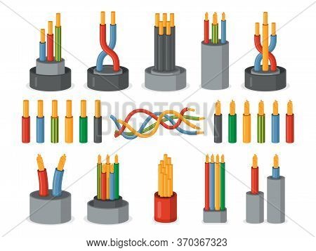 Electric Wires. Single Core And Multicore Industrial Isolated Cables Set. Multicolored Power Cables 