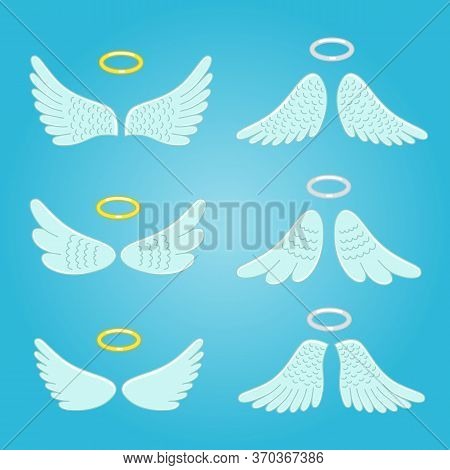 Wings And Nimbus. Feather Angel Wings With Halo Isolated Set In Cartoon Style. Funny Different Wings