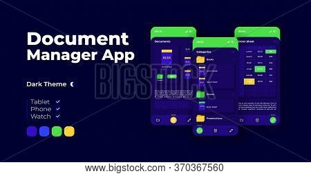 Document Manager Cartoon Smartphone Interface Vector Templates Set. Mobile App Screen Page Night Mod