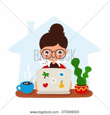 Cute Happy Smiling Young Girl At A Desk With Laptop And Cat.vector Hand Drawing Flat Style Illustrat