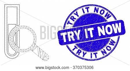 Web Carcass Explore Test-tube Icon And Try It Now Seal. Blue Vector Round Grunge Seal Stamp With Try