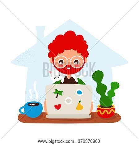 Cute Happy Smiling Young Man At A Desk With Laptop And Cat.vector Hand Drawing Flat Style Illustrati