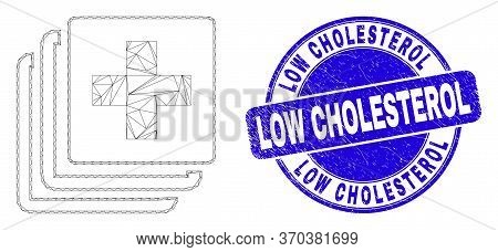 Web Mesh Medical Data Pictogram And Low Cholesterol Seal Stamp. Blue Vector Rounded Grunge Stamp Wit