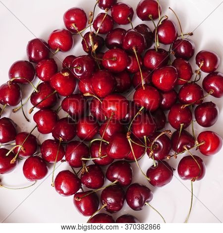 Top View Of A Lot Of Fresh Sweet Cherry Fruit Berries With Water Drops. Close-up On The White Backgr