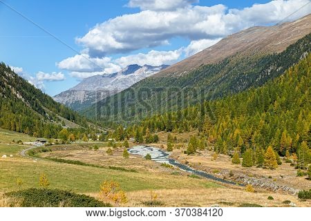 Livigno, Italy - October 2, 2014: In The Autumn, The Forcola Pass Leads Through A Beautiful Valley T