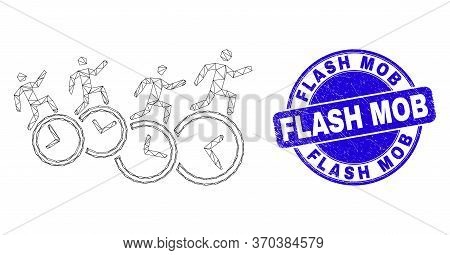 Web Mesh People Run Over Clocks Icon And Flash Mob Seal. Blue Vector Round Textured Seal With Flash 