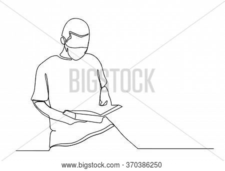 Continuous Line Drawing Of Man Studying Reading Book. A Young Man With A Book In His Hands, A Studen