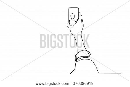 Person Selfie One Line Drawing. Man Taking A Picture With Smartphone Or Mobile Phone Camera. Continu