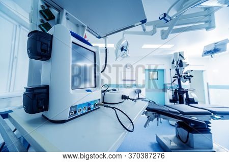Modern Equipment In Operating Room. Medical Devices For Neurosurgery.