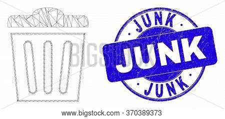 Web Mesh Trashcan Pictogram And Junk Seal Stamp. Blue Vector Round Scratched Stamp With Junk Message