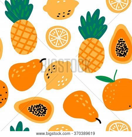 Seamless Pattern With Fruits: Pineapples, Lemons, Papaya, Pear, Orange On White Background. Cute Vec