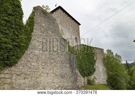 Ancient Ruined Gallenstein Castle, Stone Citadel, Tower Behind The Fortress Wall . Municipality Of S