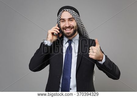 Smiling Bearded Arabian Muslim Businessman In Keffiyeh Kafiya Ring Igal Agal Black Suit Isolated On 