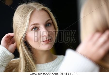 Happy Girl Looks In Mirror Her Eyebrows And Face. Color Gradient At Eyebrow From Light To Dark. Gent