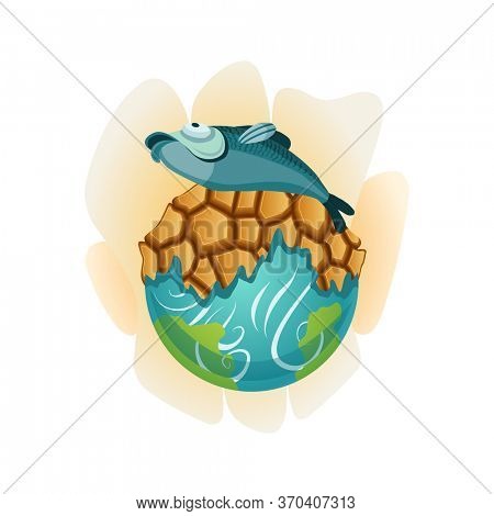 Earth global warming. planet with dried up land and dead fish. Warning ecology poster. Concept global drought. Poorly globe character of cartoon earth