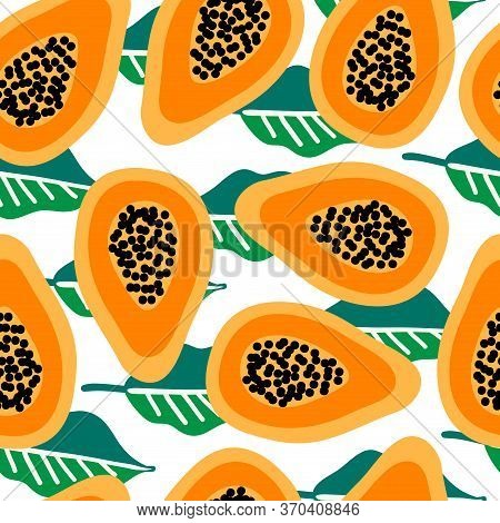 Seamless Vector Pattern With Papaya On Leaves Backgorund. Modern Concept For Fabric And Paper, Surfa