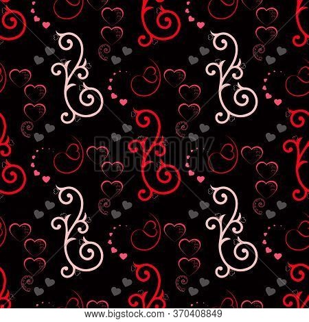 Love Seamless Pattern. Red Hearts And Swirls On Black Background