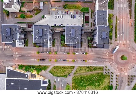 Aerial View To The Modern Apartment Complex And Street In Summer Evening, Espoo, Finland. Looking St
