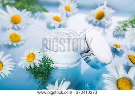 Close Up Herbal Cosmetic Cream In Opened Container With Fresh Chamomile Flowers On A Light Blue Glas