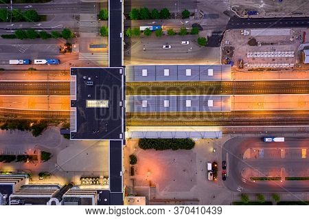 Aerial View Of Espoo Central Railway Station, Finland. Looking Straight Down With A Satellite Image 