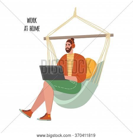 Illustration On The Topic Of Work At Home, Concept. A Young Man Works As A Freelancer At Home. Peopl