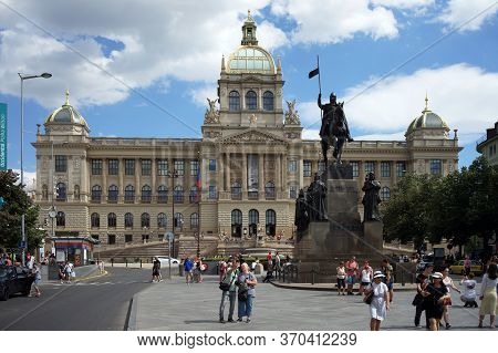 Prague, Czech Republic, July 05, 2019: View Of Big Beautiful National Museum And Saint Wenceslas (sv