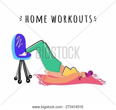 Stock Vector Illustration Of Girl Doing Exercises At Home, Watching Tutorials On A Smartphone. Stay 