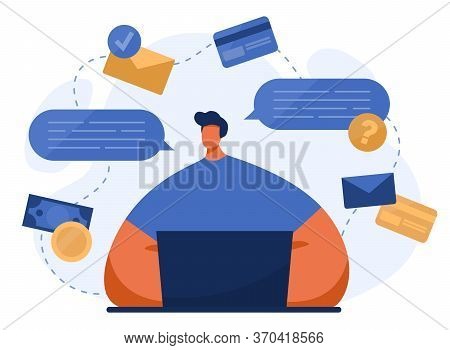 Vector Illustration Of A Man With A Laptop Performing Annual Financial Operations, Routine Work, Mai