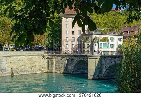 Bern, Switzerland - August 25, 2019:
The View Of Untertor Bridge, Lower Gate Bridge, Over The Aare R