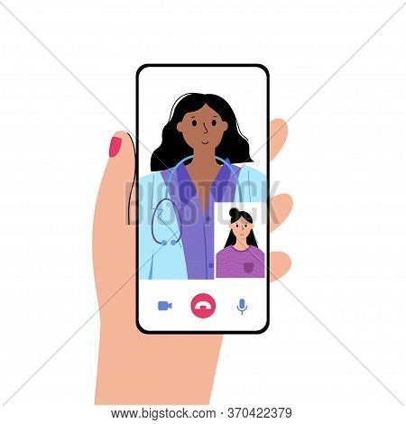 Hand Holds A Smartphone With Online Clinic App. Specialist Is Ready To Consult A Patient Via Phone. 
