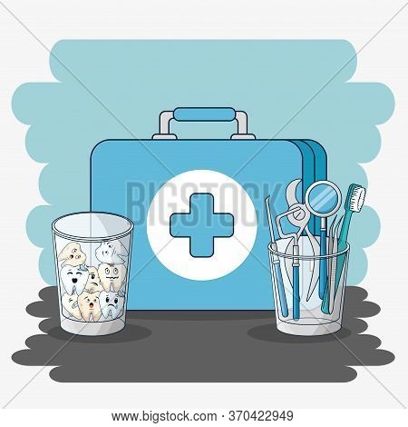 Briefcase With Teeth In The Glass And Dental Equipment Vector Illustration