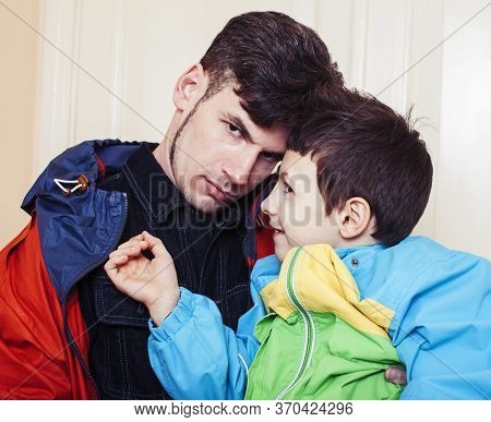 Faher And Son Together Having Fun At Home, Lifestyle Happy Family, People At Home