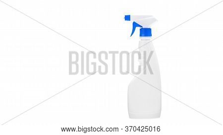 White Spray Plastic Bottle With Blue Spray Nozzle, Cleaner For Household Frill Label Object Isolated
