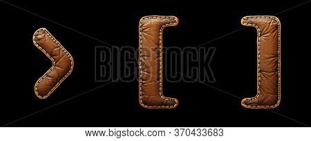 Set of symbols right angle bracket, left and right bracket made of leather. 3D render font with skin texture isolated on black background. 3d rendering