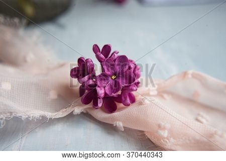 Five-pointed Lilac Violet Flowers On A White Ostrich Feather. A Lilac Luck - Flower With Five Petals