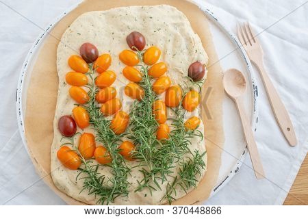 Home Made Gardenscape Focaccia Bread On A Table
