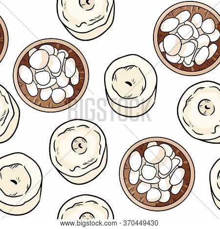 Wooden Bowl With White Sea Pebble Stones And Candles Comic Style Seamless Pattern. Boho Cartoon Wall