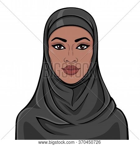 Animation Portrait Of The Beautiful  Black Woman In A Hijab. Color Drawing. Vector Illustration Isol