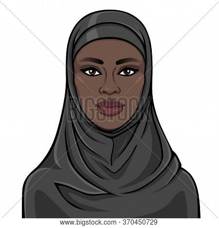 Animation Portrait Of The Beautiful  Black Woman In A Hijab. Color Drawing. Vector Illustration Isol