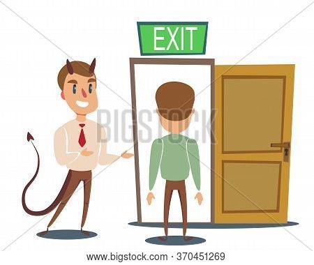 Evil Devil Businessman Invite Men To Opened Door. Stock Flat Vector Illustration.