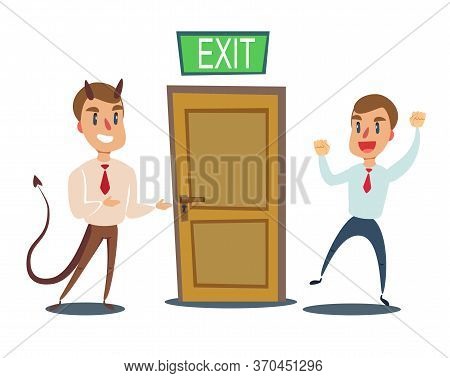 Evil Devil Businessman Invite Men To Opened Door. Stock Flat Vector Illustration.
