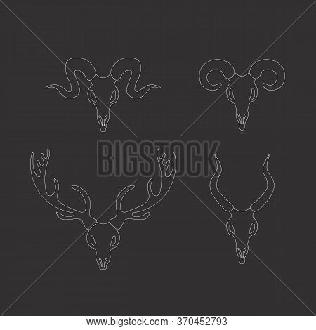Animals Skulls Set Isolated On A Grey Background. Vector Icons Design. Linear Drawn Skulls.