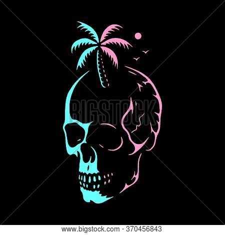 Skull With Palm Tree Neon Black Background