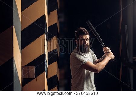 Angry Man In T-shirt. Ready To Swing. Gangster With Bat Weapon. Bearded Man Hold Baseball Bat. Angry