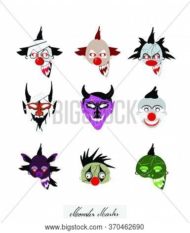 Holidays And Celebrations, Illustration Set Of Devils, Monsters And Clowns Masks For Halloween Celeb