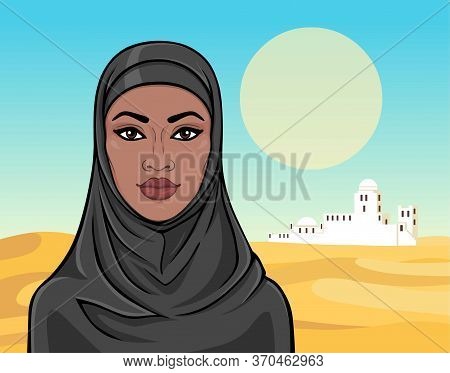 Animation Portrait Of The Beautiful  Black Woman In A Hijab. Color Drawing. Background - A Landscape