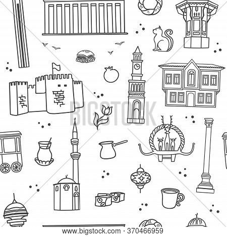 Vector Seamless Pattern Symbols Of Ankara, Turkey. Famous Turkish Landmarks In Modern Line Style. Do