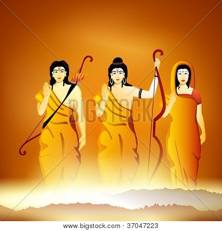 Illustrazione del Signore Hindu Shri Rama con sua moglie Mata Sita e fratello Laxman su sfondo lucido.