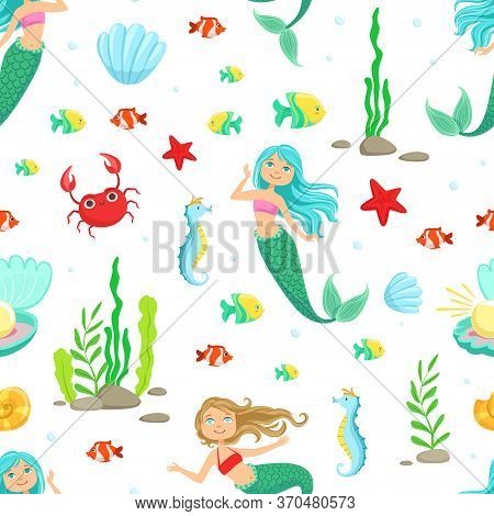Marine Life Seamless Pattern, Cute Little Mermaids And Aquatic Nature, Design Element Can Be Used Fo
